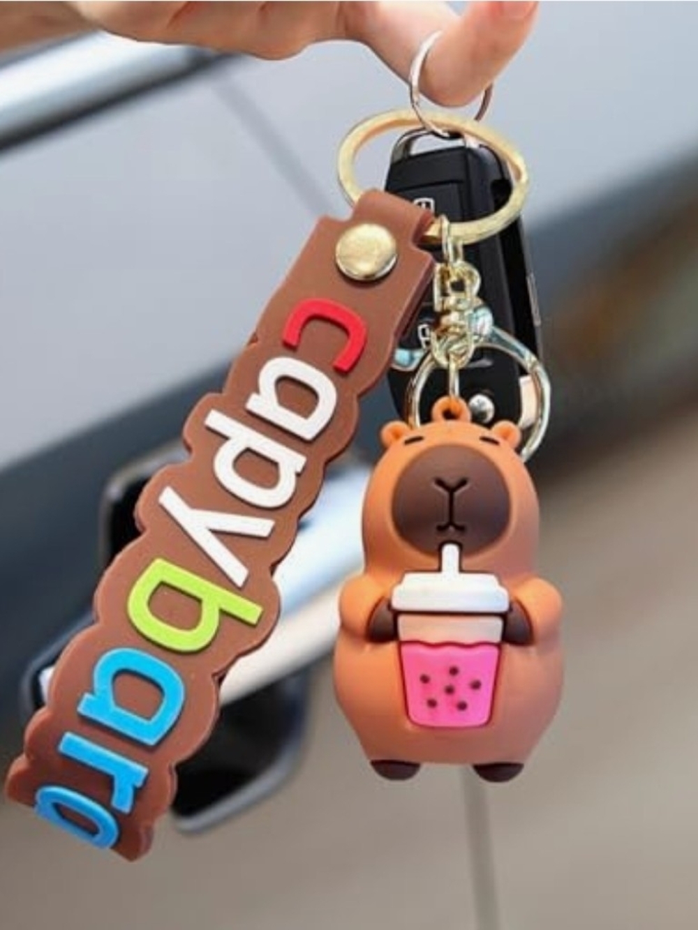 Cute Brown Bear Bubble Tea Keychain with Colorful 'Capybara' Strap